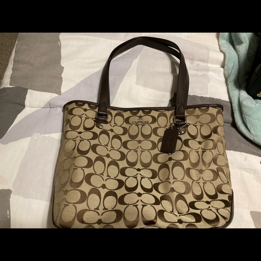 Tan and gold Coach shoulder bag